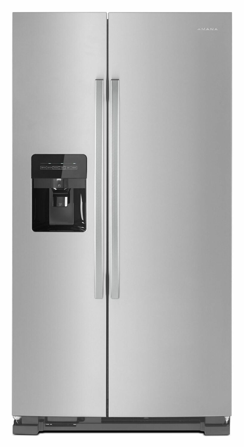 Amana ASI2175GRS 33-Zoll-Side-by-Side-Kühlschrank mit externem Eis- und Wasserspender mit zwei Pads, Schwarz auf Edelstahl