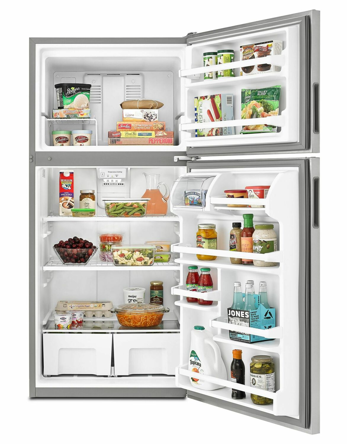 Amana ART308FFDM 30 Zoll breiter Kühlschrank mit Gefrierfach oben und Garden Fresh-Gemüsefächern – 18 Kubikfuß – Monochromatischer Edelstahl