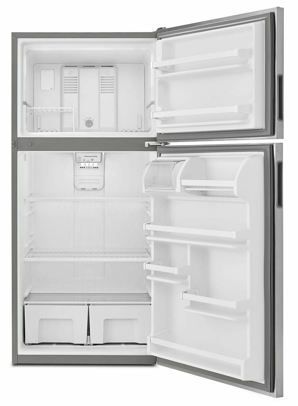 Amana ART308FFDM 30 Zoll breiter Kühlschrank mit Gefrierfach oben und Garden Fresh-Gemüsefächern – 18 Kubikfuß – Monochromatischer Edelstahl