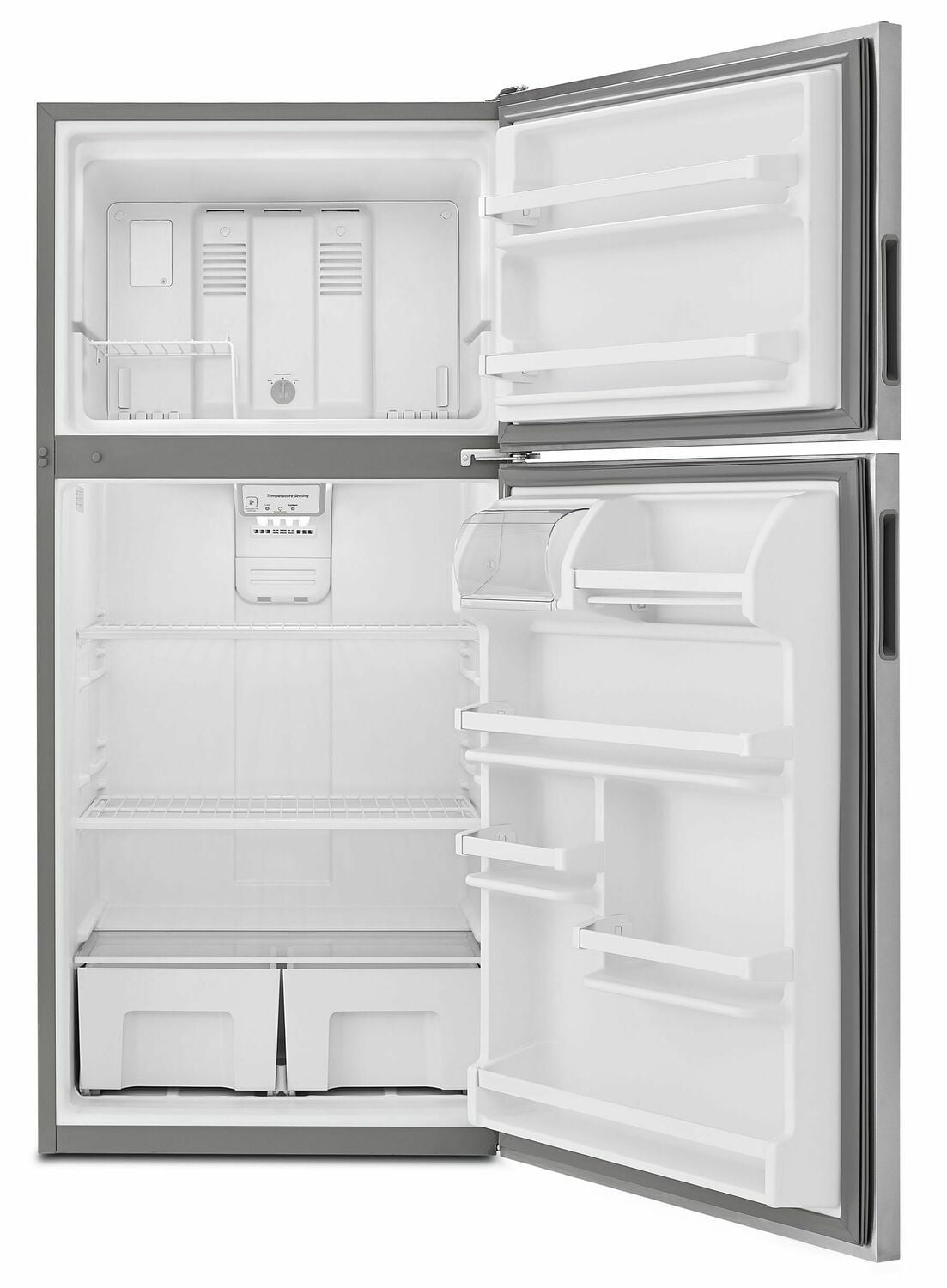 Amana ART308FFDM 30 Zoll breiter Kühlschrank mit Gefrierfach oben und Garden Fresh-Gemüsefächern – 18 Kubikfuß – Monochromatischer Edelstahl