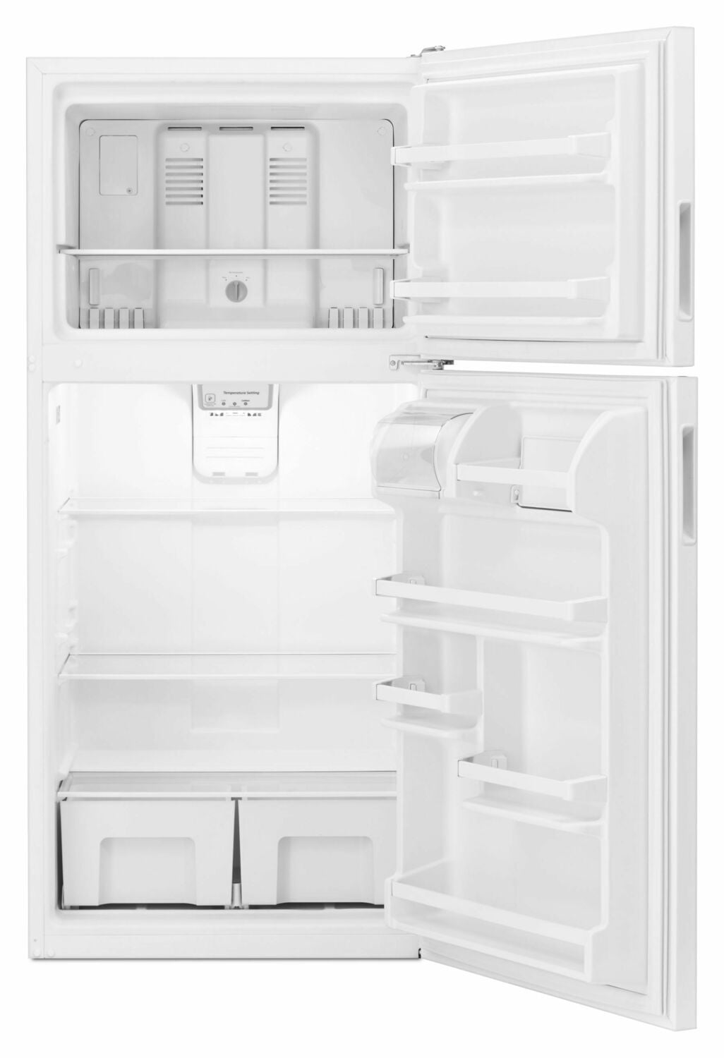 Amana ART318FFDW 30-Zoll-Kühlschrank mit Gefrierfach oben und Glasböden, weiß