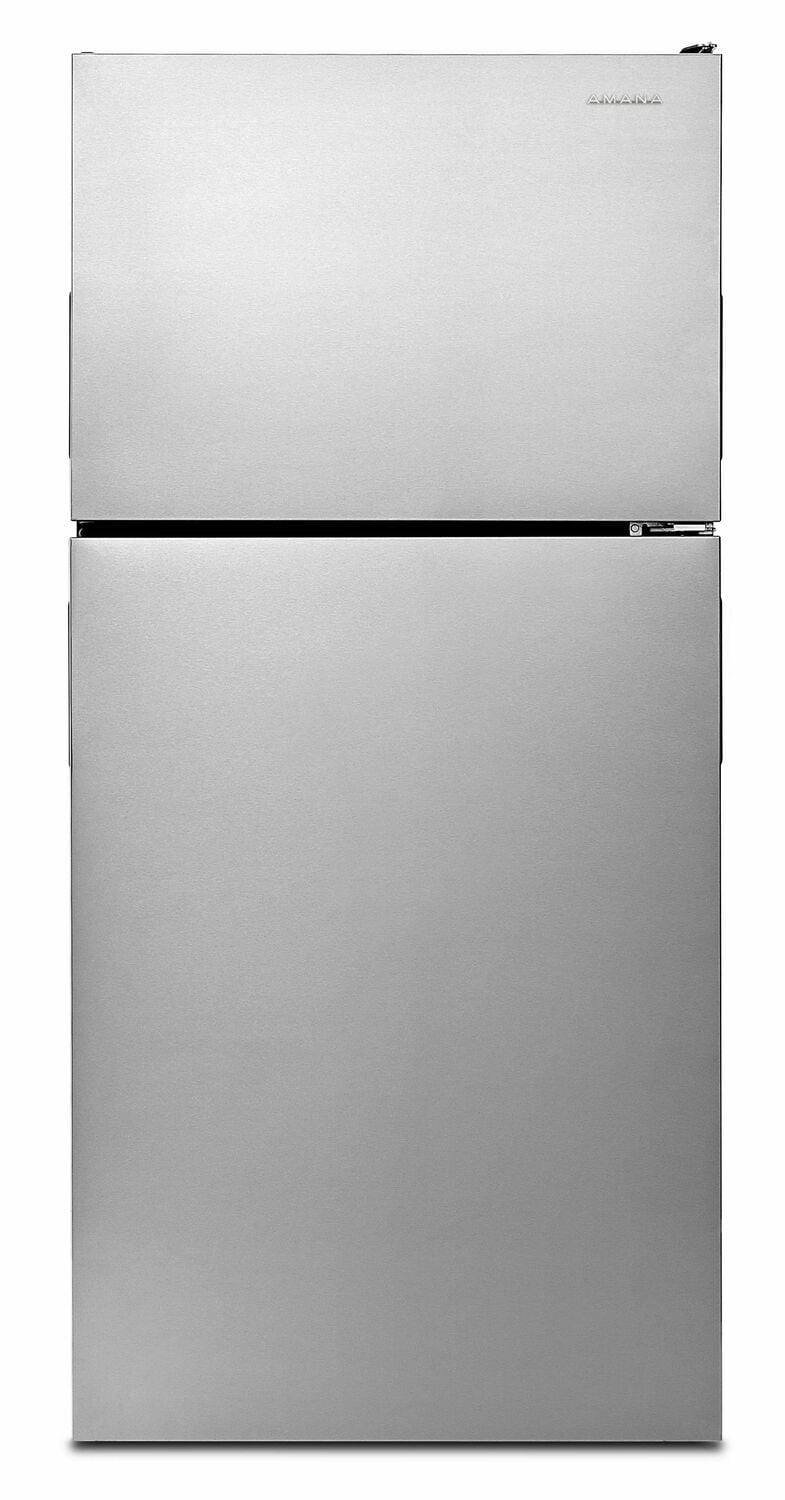 Amana ART308FFDM 30 Zoll breiter Kühlschrank mit Gefrierfach oben und Garden Fresh-Gemüsefächern – 18 Kubikfuß – Monochromatischer Edelstahl